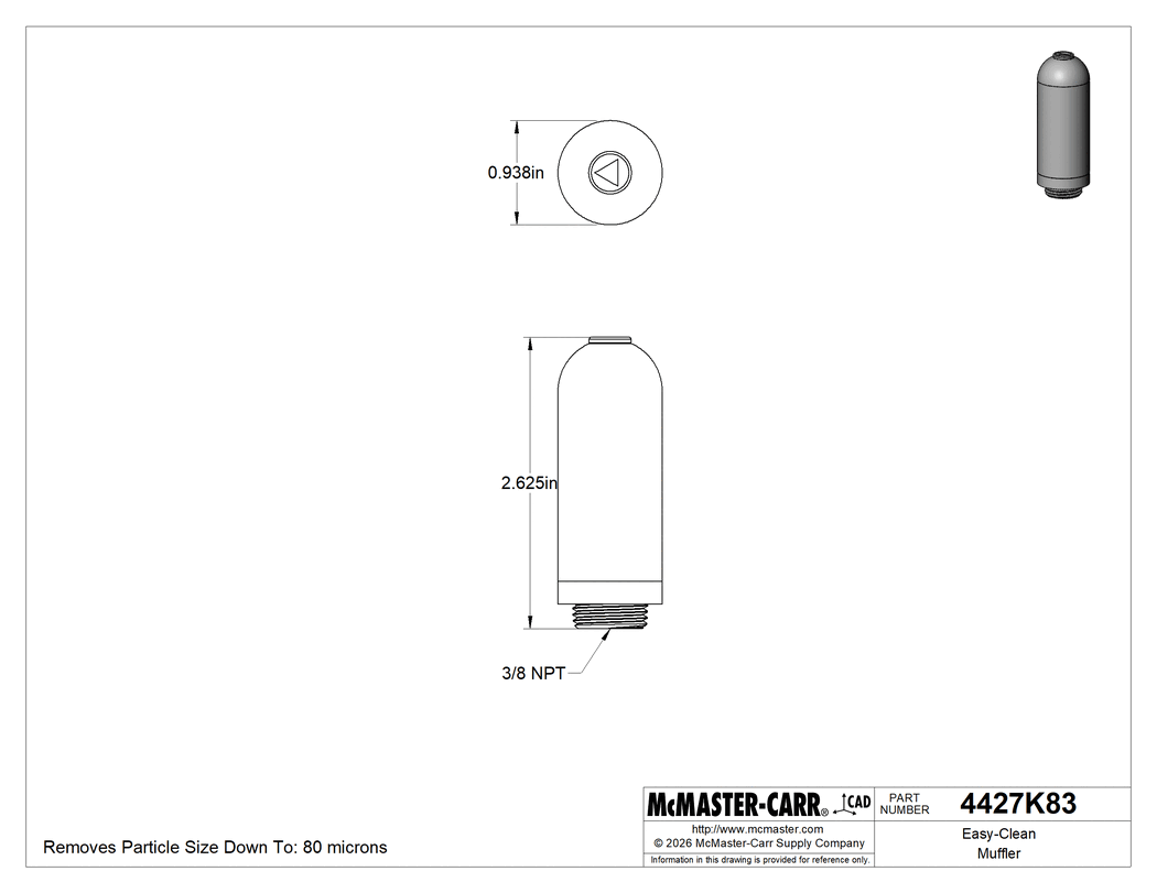Technical Drawing of Easy-Clean Muffler, 3/8 NPT Male, Polyethylene, 128 scfm Flow Rate.